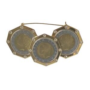 1980s Gold Plate & Rhinestones Italian Lira Coin Cluster Vintage Brooch Pin